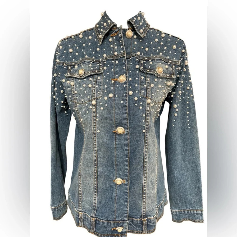 QUACKER FACTORY PEARL & RHINESTONE WESTERN BLUE DENIM JEAN JACKET SHACKET SZ S-L
